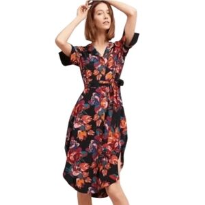Anthropologie Maeve Floral Black Button Midi Dress Small S Short Sleeve Tie